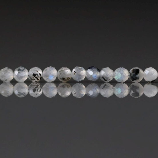 2.5mm Rainbow Moonstone with Black Tourmaline Beads ‚Äì Tiny Faceted Round Natural Gemstone 15" Strand