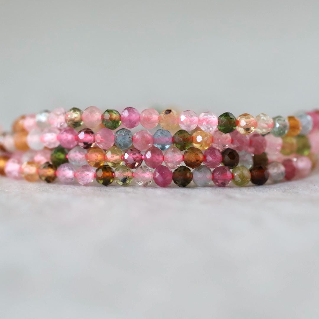 2.5mm Watermelon Tourmaline Beads – Tiny Faceted Round Natural Gemstone 15" Strand