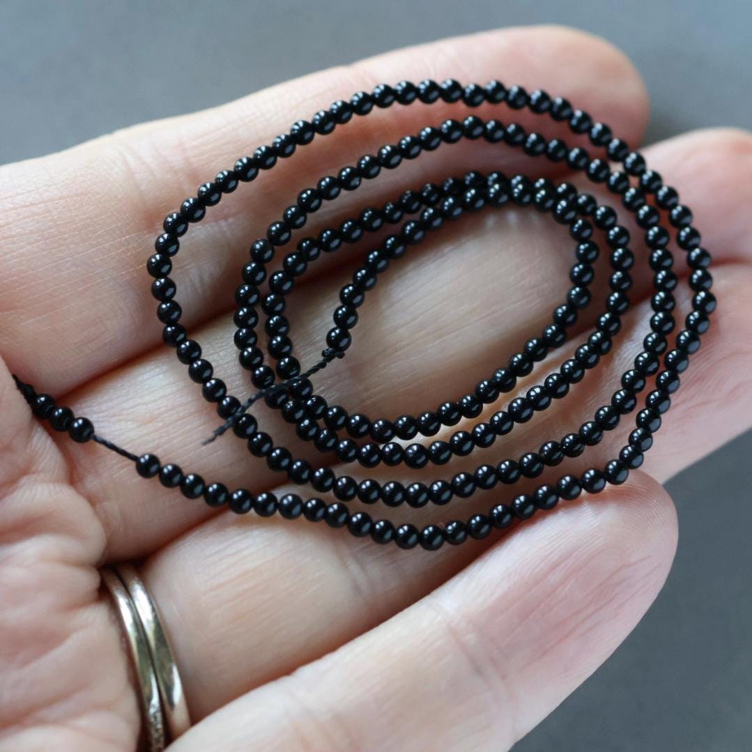 2mm Black Onyx Beads ‚Äì Tiny Smooth Round Natural Gemstone 15" Strand