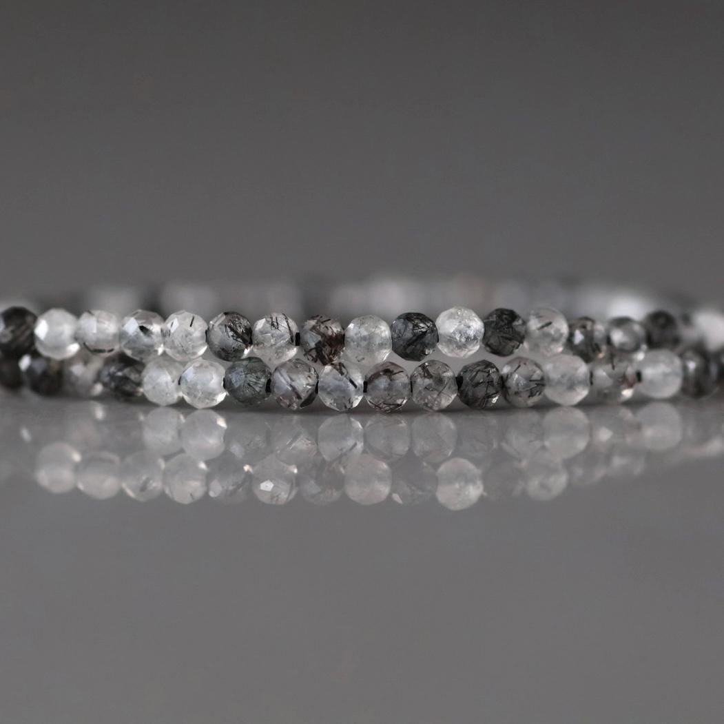 2mm Black Rutilated Quartz Faceted Beads Genuine Turmalinated Quartz Beads 15" Sparkly Gemstone Beads for Jewelry Making