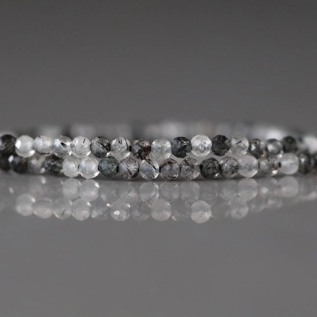 2mm Black Rutilated Quartz Faceted Beads Genuine Turmalinated Quartz Beads 15" Sparkly Gemstone Beads for Jewelry Making