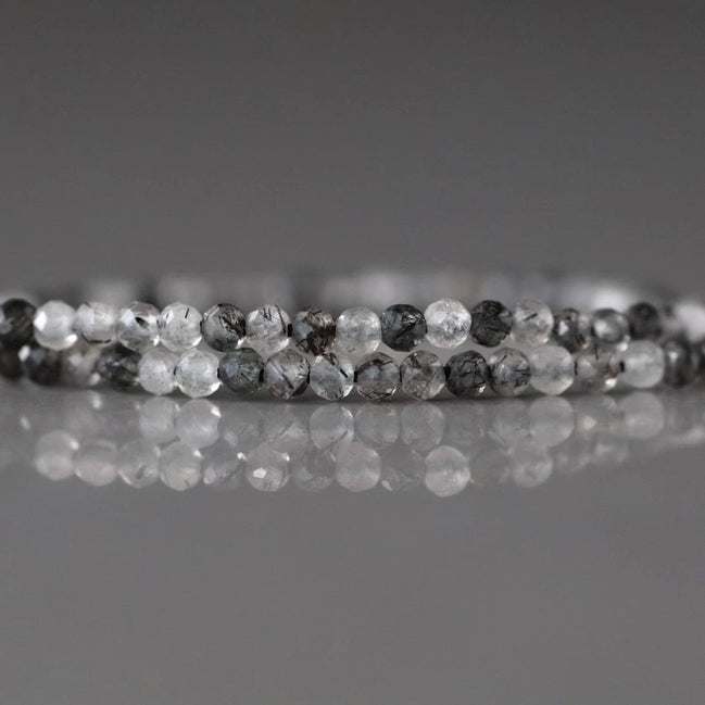 2mm Black Rutilated Quartz Beads - Tiny Faceted Round Natural Gemstone 15" Strand