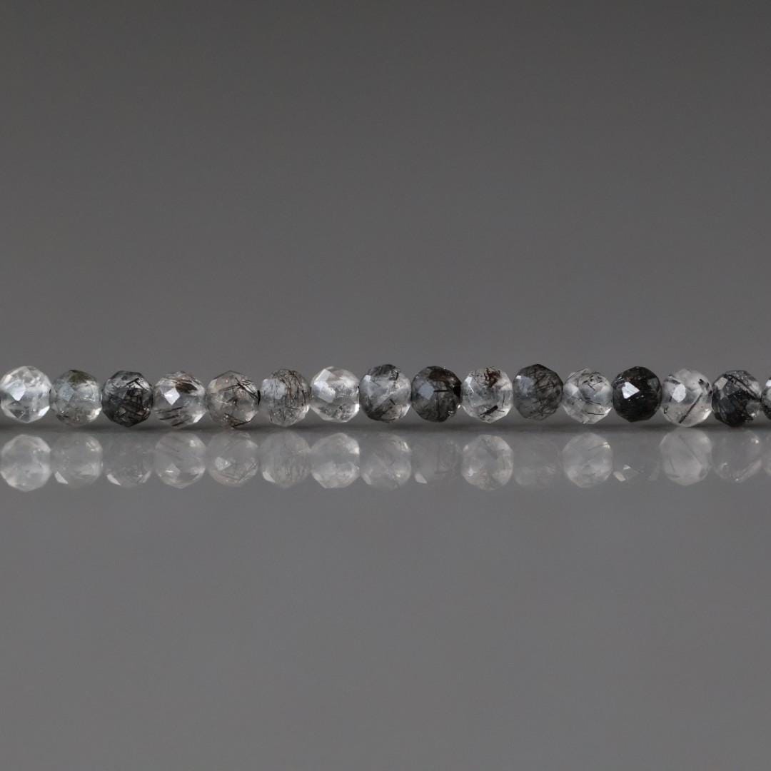 2mm Black Rutilated Quartz Beads - Tiny Faceted Round Natural Gemstone 15" Strand