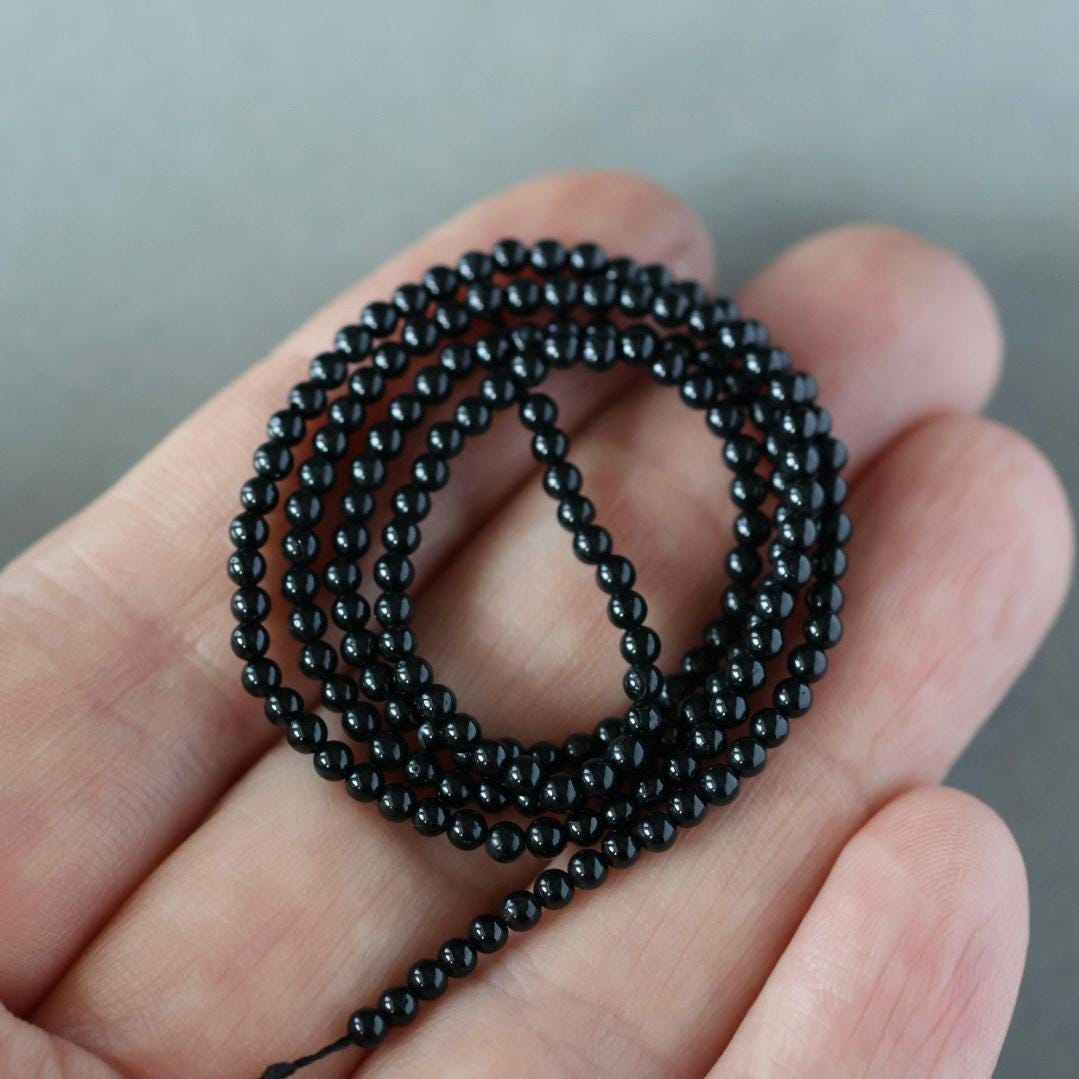 2mm Black Tourmaline Beads ‚Äì Tiny Smooth Round Natural Gemstone 15" Strand