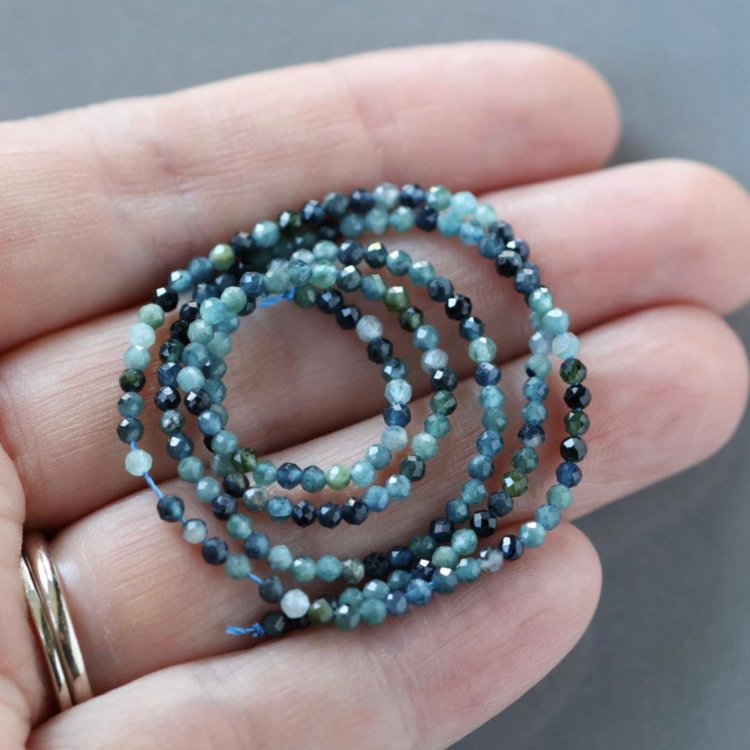 2mm Blue Tourmaline Beads – Tiny Faceted Round Natural Gemstone 15" Strand