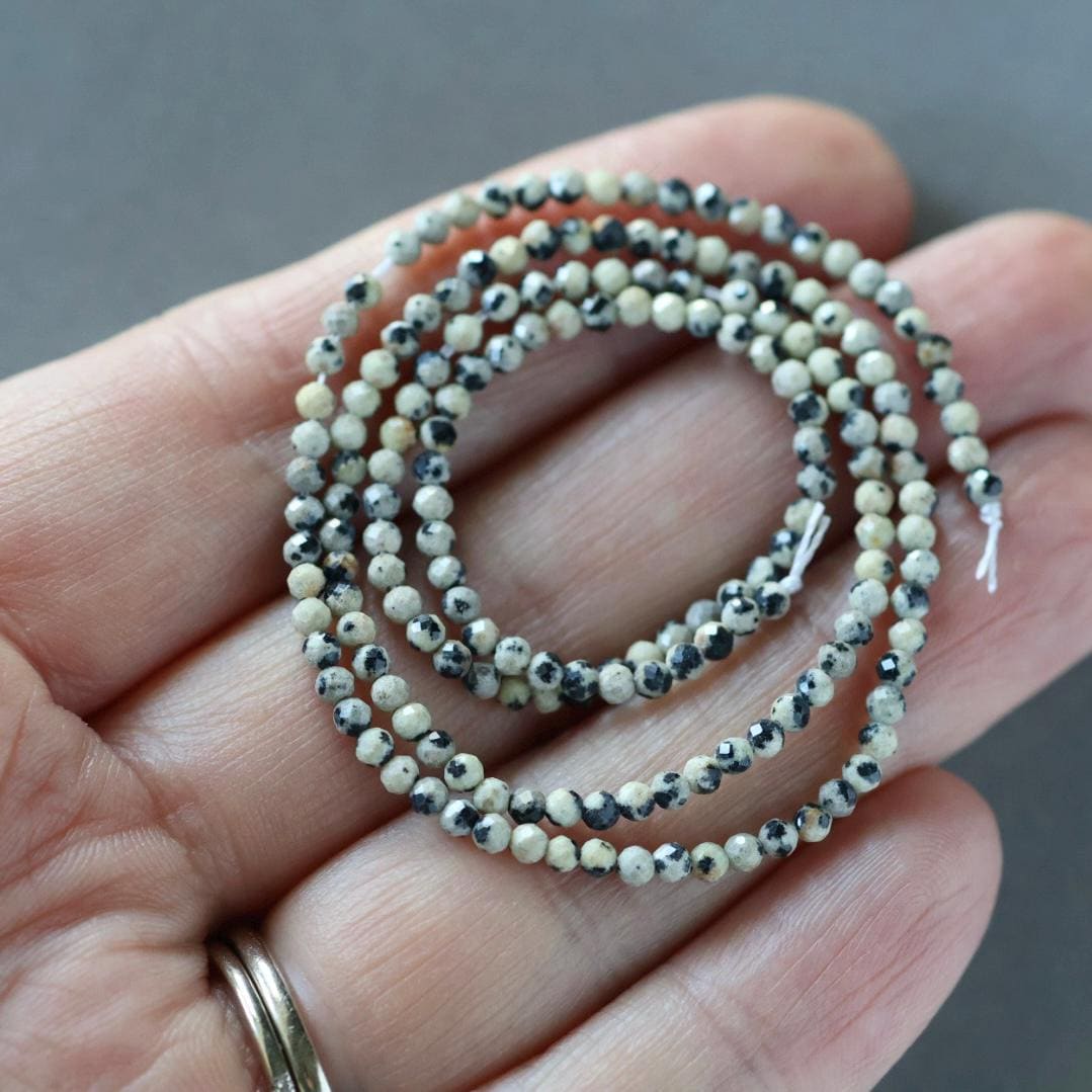 2mm Dalmatian Jasper Beads ‚Äì Tiny Faceted Round Natural Gemstone 15" Strand