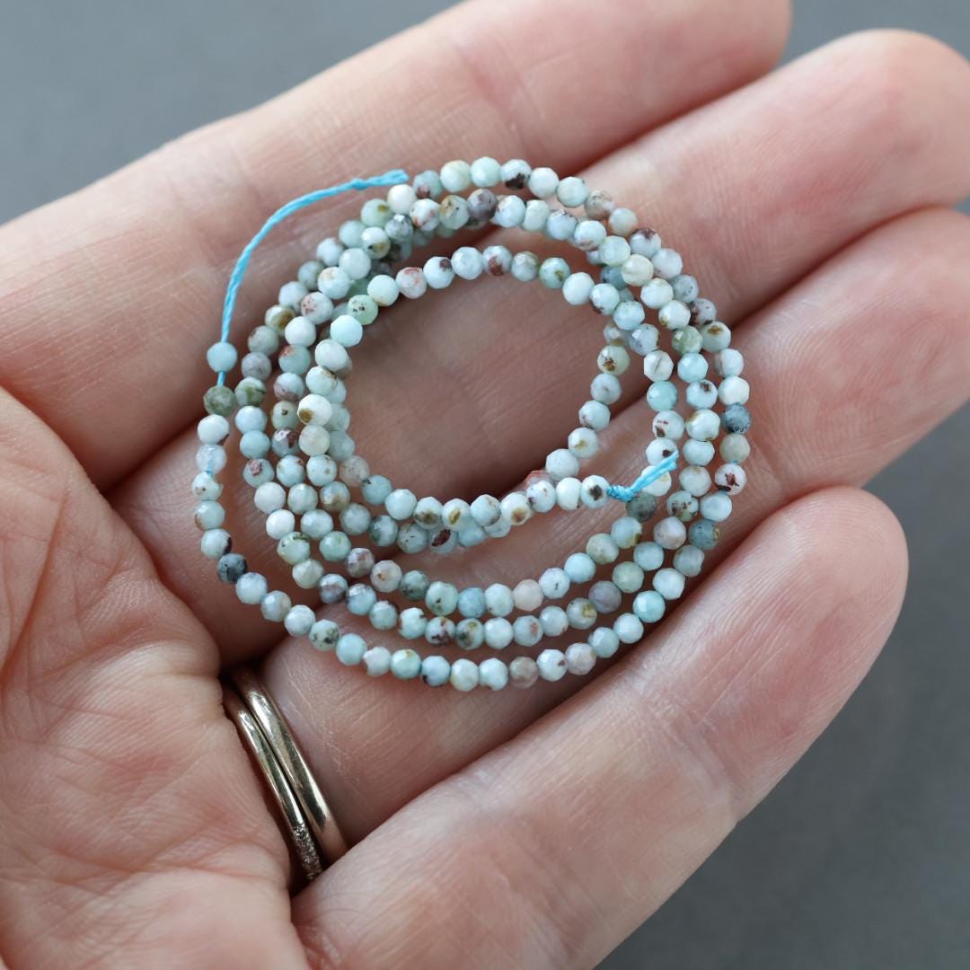 2mm Dominican Larimar Beads ‚Äì Tiny Faceted Round Natural Gemstone 15" Strand