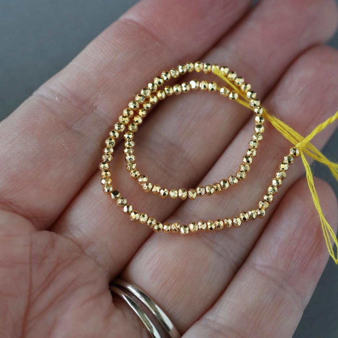 2mm Gold Plated Pyrite Beads - Tiny Faceted Nugget Natural Gemstone 6" Strand
