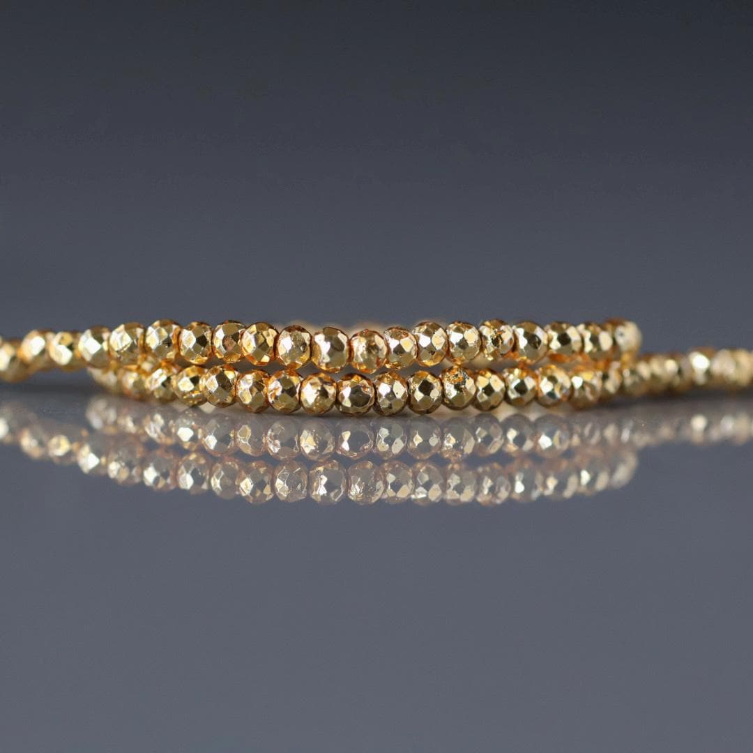 2mm Gold Plated Pyrite Beads - Tiny Faceted Nugget Natural Gemstone 6" Strand