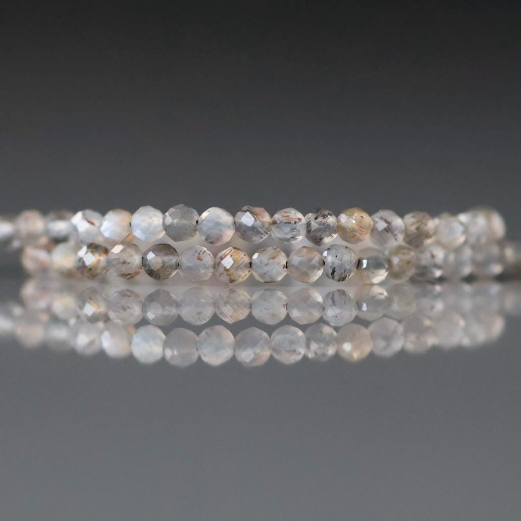 2mm Gray Sunstone Beads ‚Äì Tiny Faceted Round Natural Gemstone 15" Strand