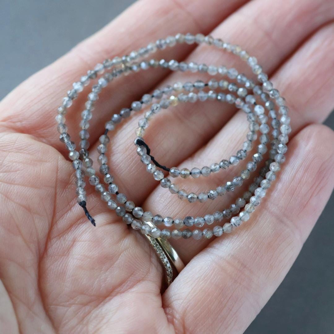 2mm Gray Sunstone Beads ‚Äì Tiny Faceted Round Natural Gemstone 15" Strand