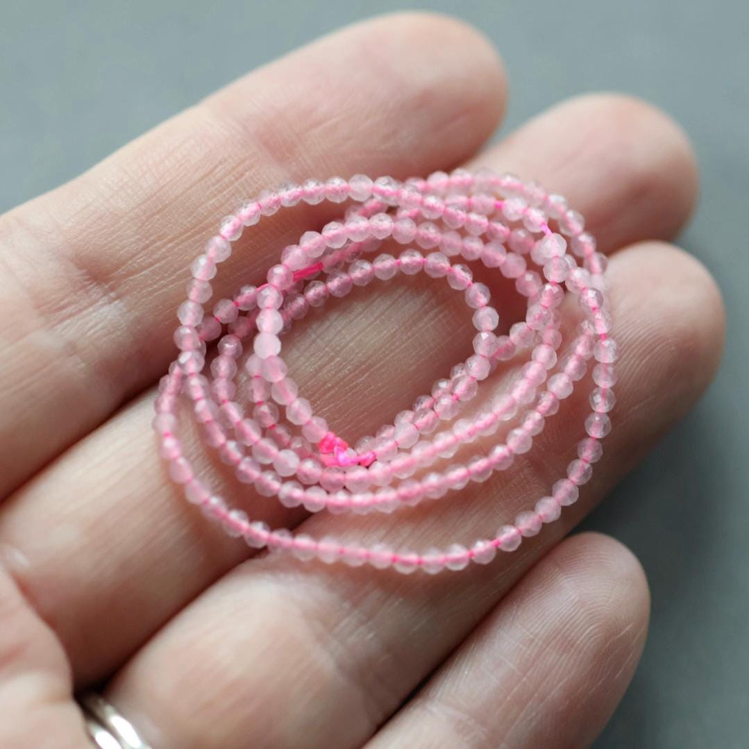 2mm Madagascar Rose Quartz Beads – Tiny Faceted Round Natural Gemstone 15" Strand