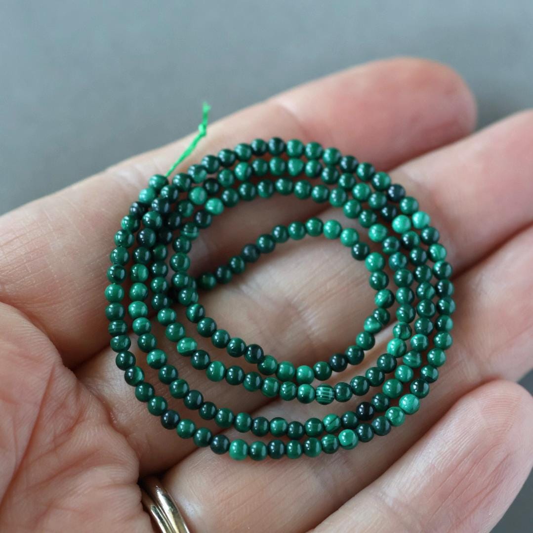 2mm Malachite Beads – Tiny Smooth Round Natural Gemstone 15" Strand