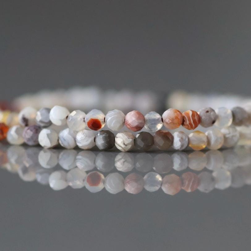 2mm Mexican Laguna Agate Beads ‚Äì Tiny Faceted Round Natural Gemstone 15" Strand