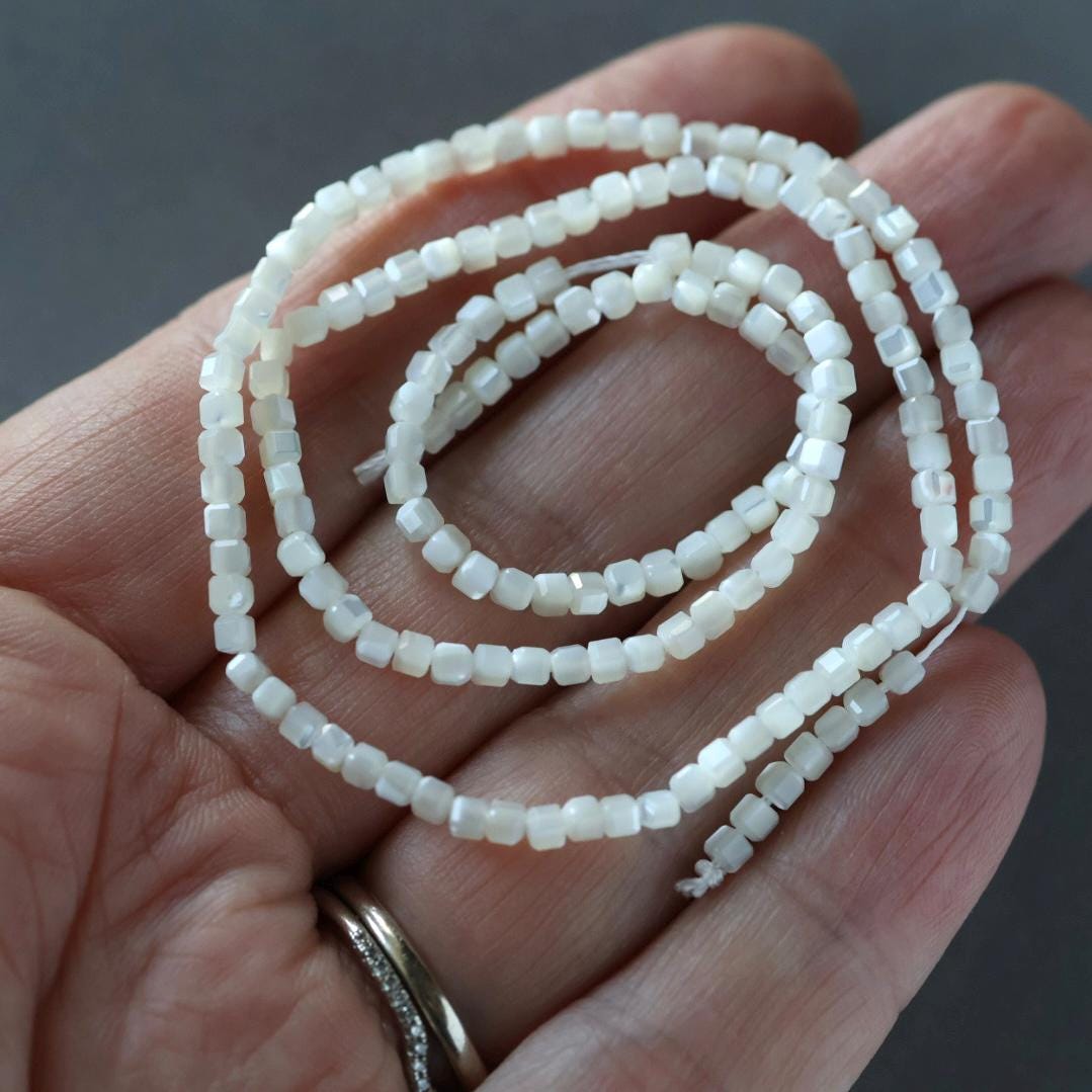 2mm Mother of Pearl Beads ‚Äì Tiny Cube Natural Gemstone 15" Strand