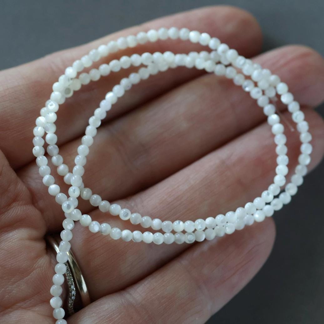 2mm Mother of Pearl Beads – Tiny Smooth Round Natural Gemstone 15" Strand