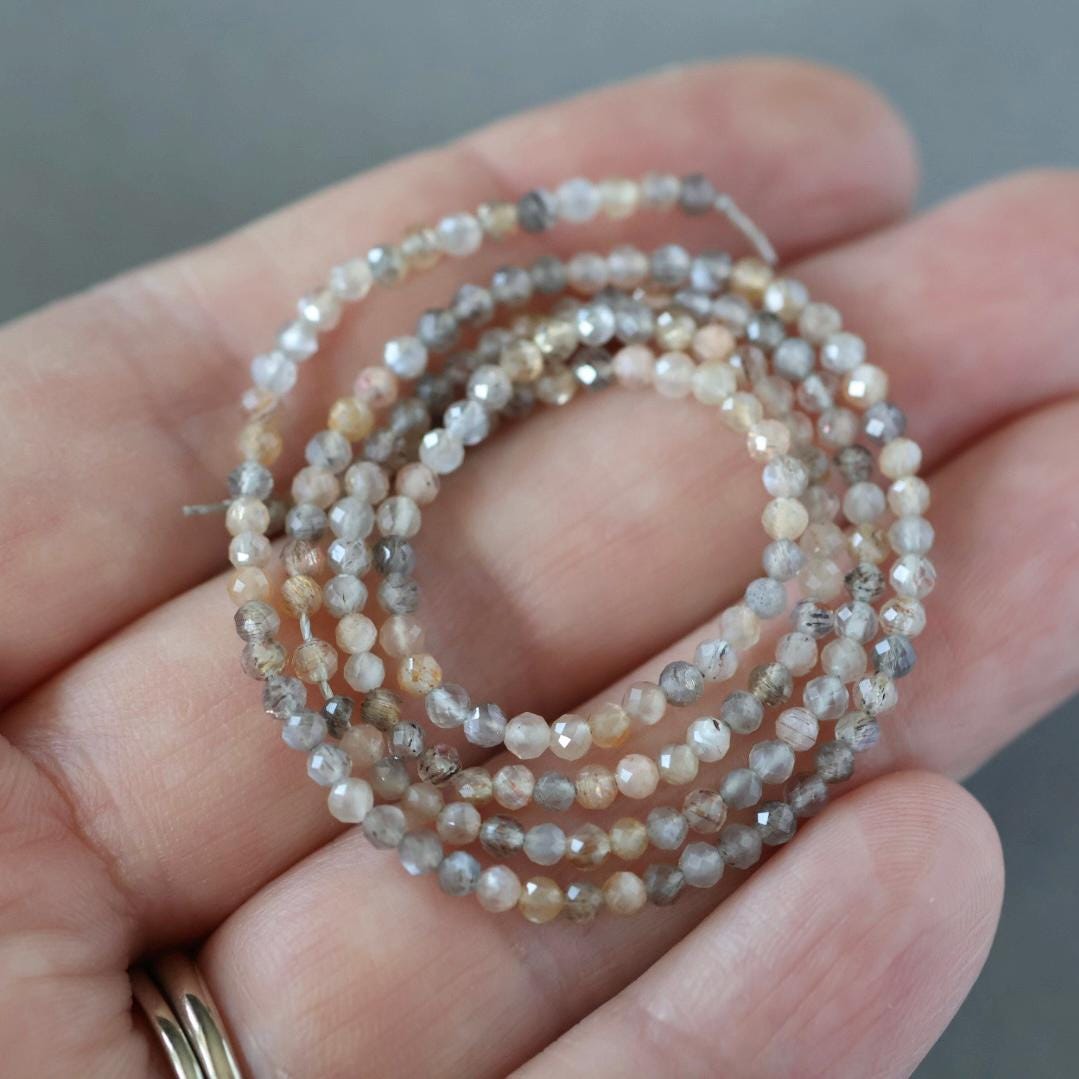 2mm Multi Moonstone Beads ‚Äì Tiny Faceted Round Natural Gemstone 15" Strand