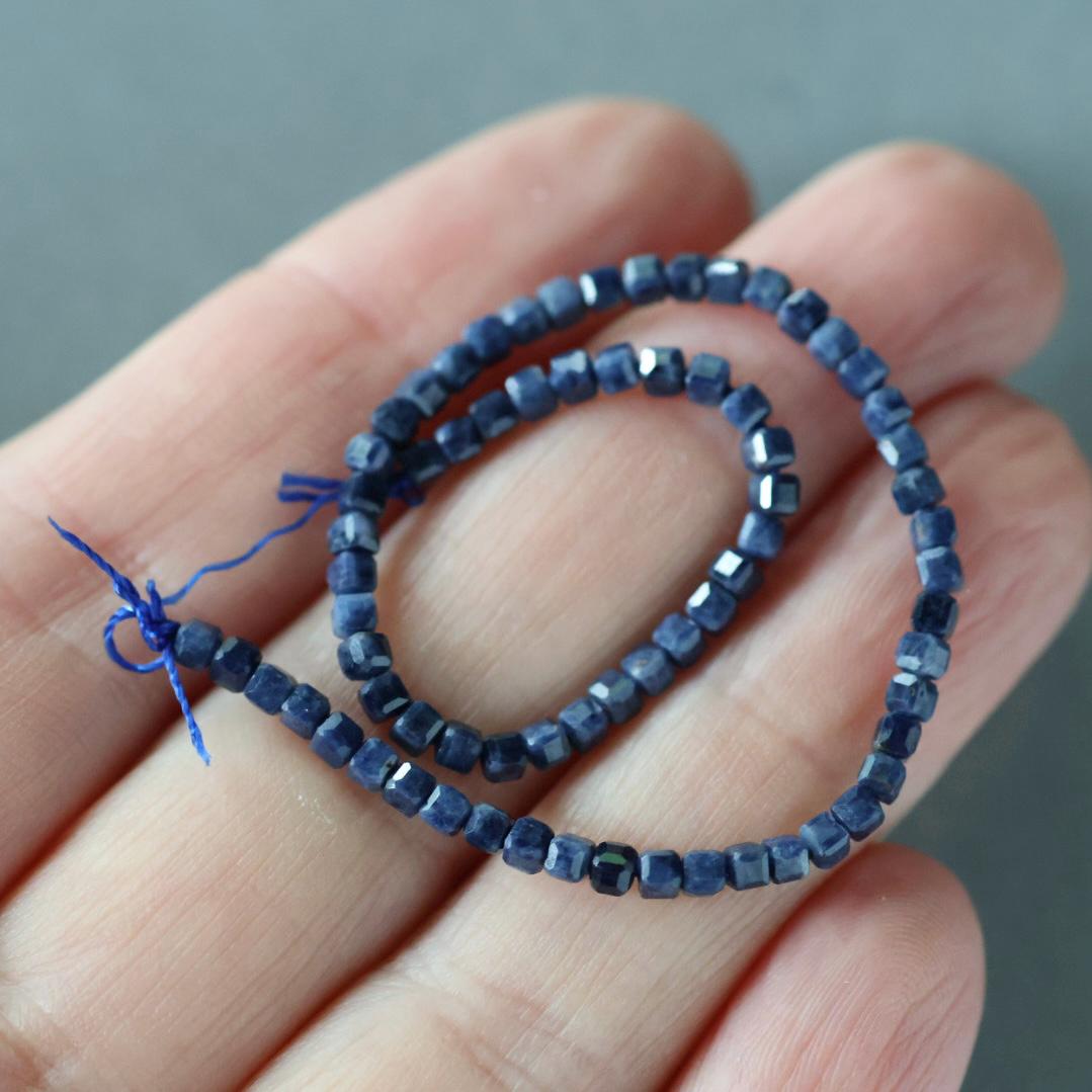 2mm Natural Sapphire Beads - Tiny Faceted Cube Natural Gemstone 6" Strand