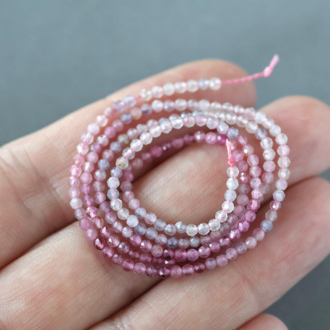 2mm Ombre Pink Tourmaline Beads – Tiny Faceted Round Natural Gemstone 15" Strand