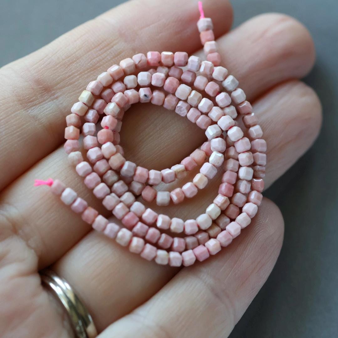 2mm Pink Jasper Beads – Tiny Smooth Cube Natural Gemstone 15" Strand