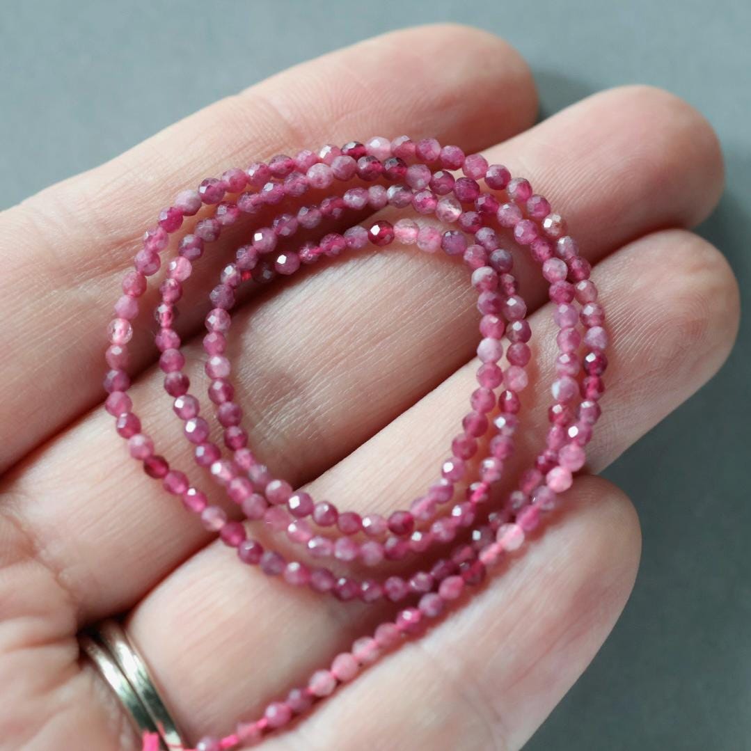 2mm Pink Rubellite Beads - Tiny Faceted Round Natural Gemstone 15" Strand