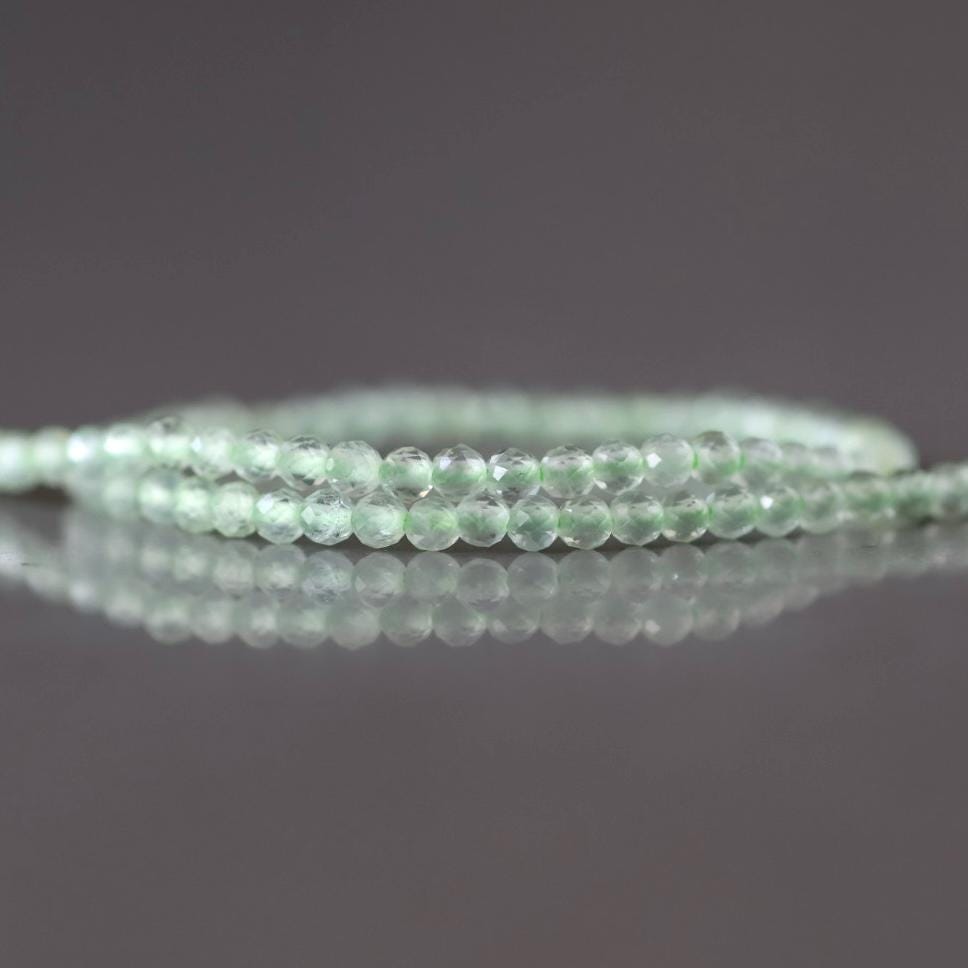 2mm Prehnite Beads ‚Äì Tiny Faceted Round Natural Gemstone 15" Strand