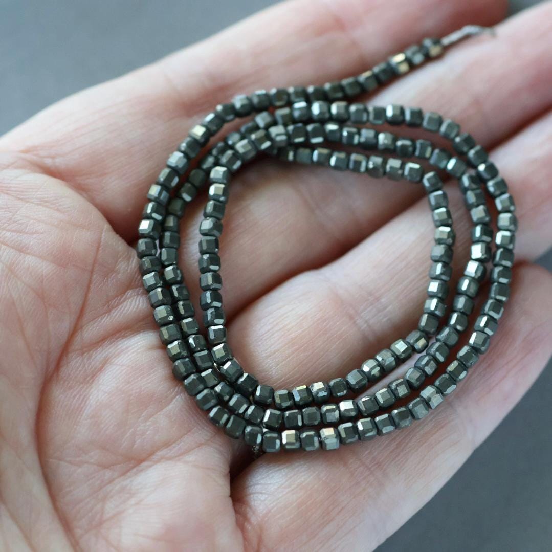 2mm Pyrite Cube Beads ‚Äì Tiny Natural Gemstone 15" Strand