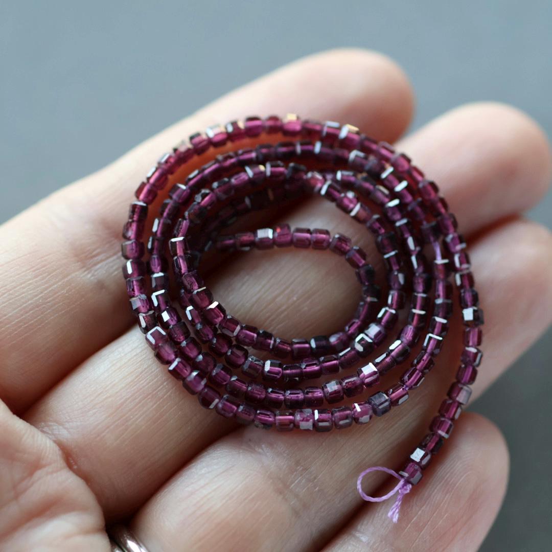 2mm Rhodolite Garnet Cube Beads - Tiny Faceted Cube Natural Gemstone 15" Strand