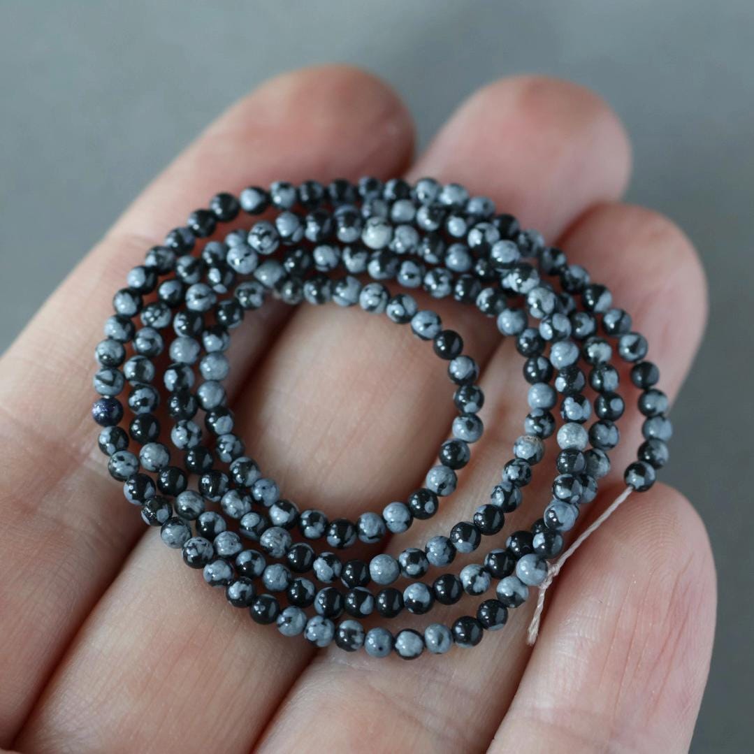 2mm Snowflake Obsidian Beads ‚Äì Tiny Smooth Round Natural Gemstone 15" Strand