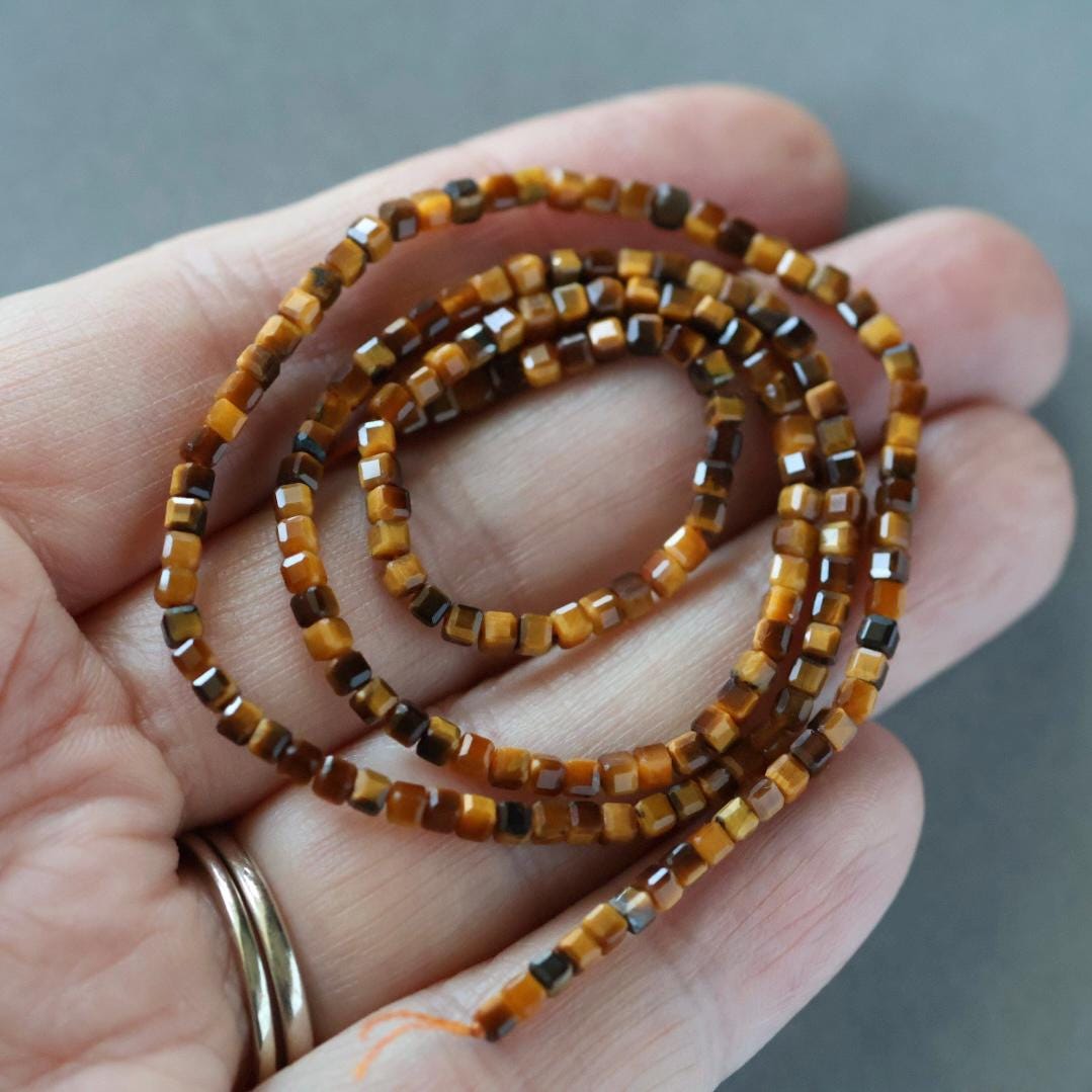 2mm Tiger's Eye Cube Beads - Tiny Faceted Cube Natural Gemstone 15" Strand