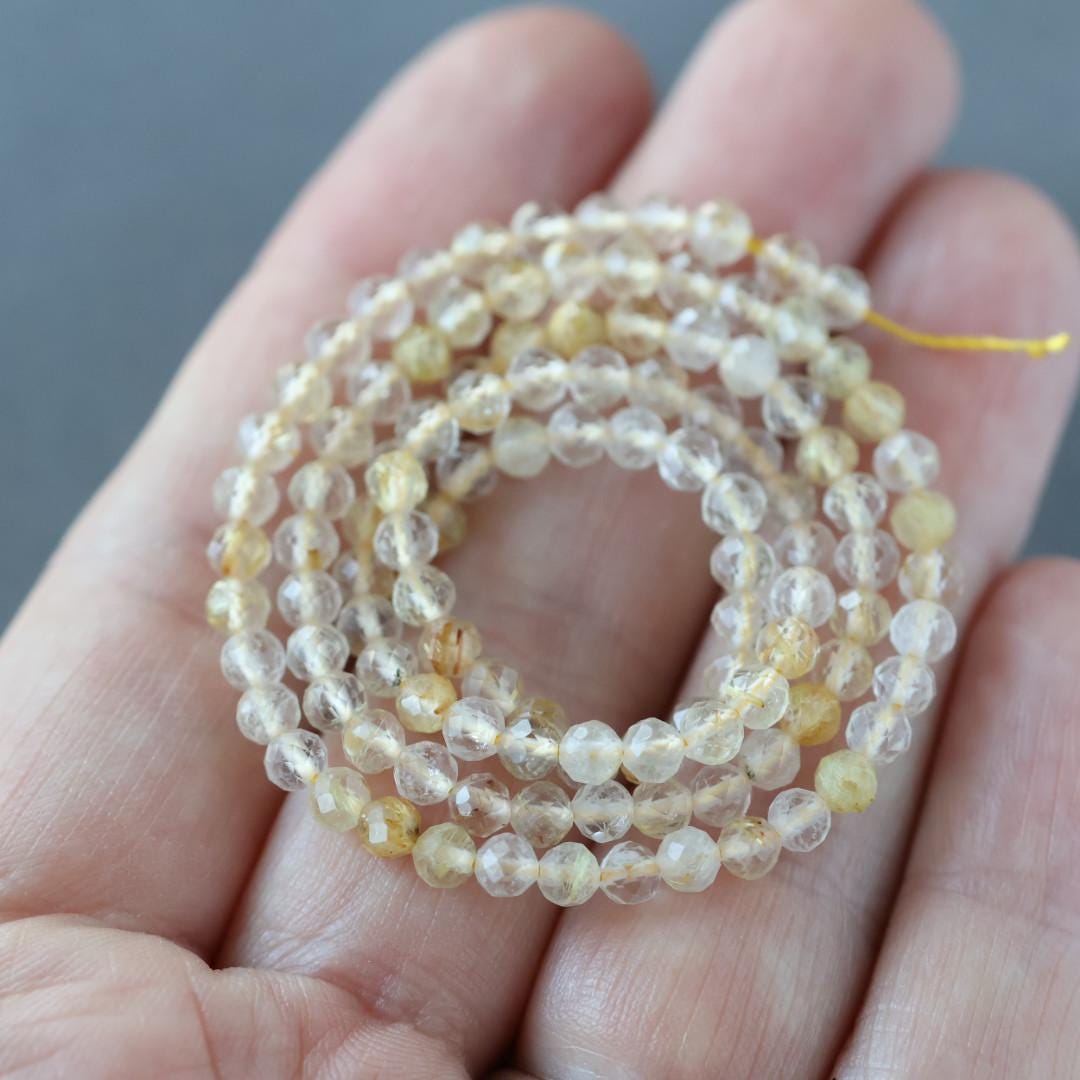 3.5mm Golden Rutilated Quartz Micro Faceted Beads Genuine Yellow Quartz Beads 15.5" Sparkly Gemstone Beads for Jewelry Making