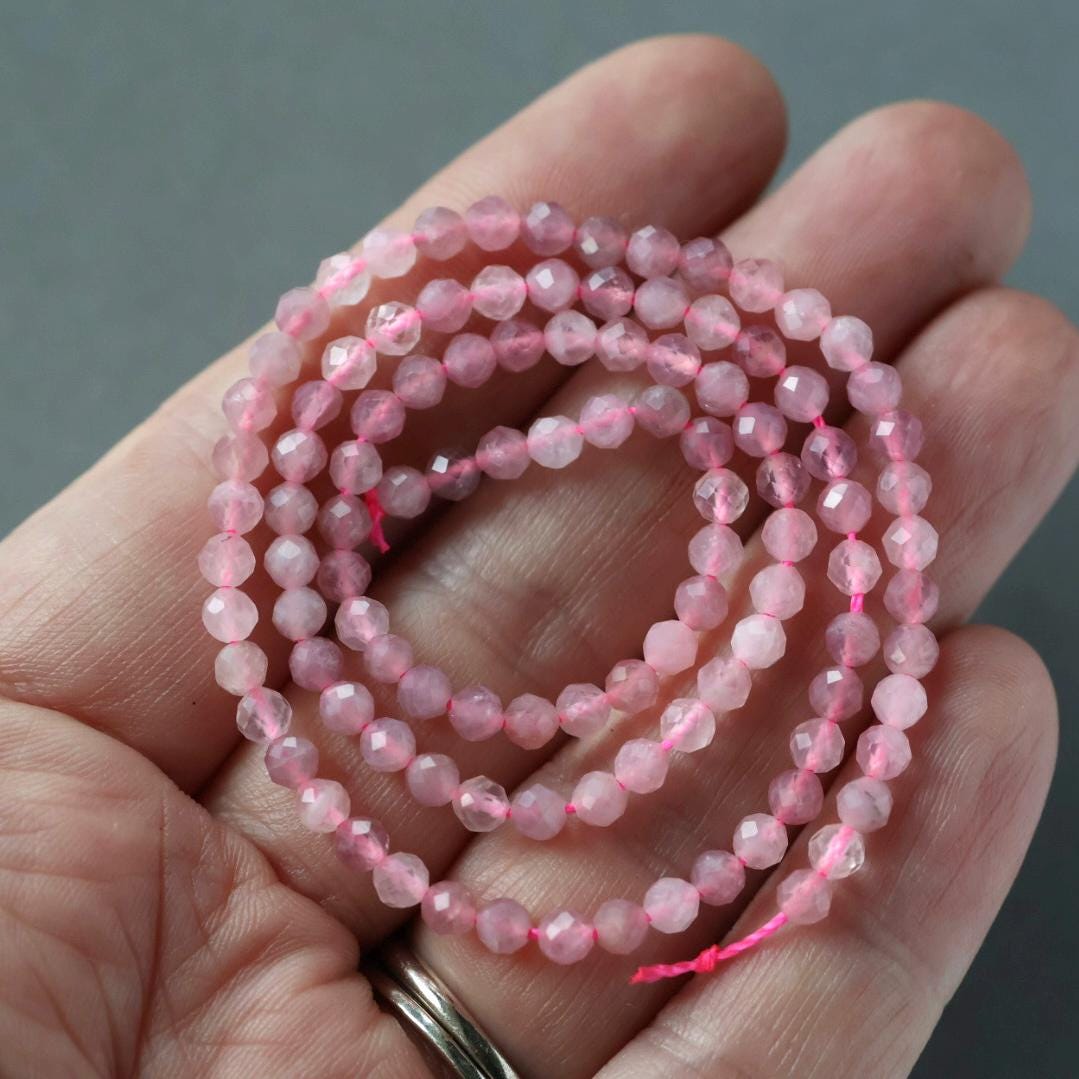 3.5mm Madagascar Rose Quartz Beads – Faceted Round Natural Gemstone 15" Strand