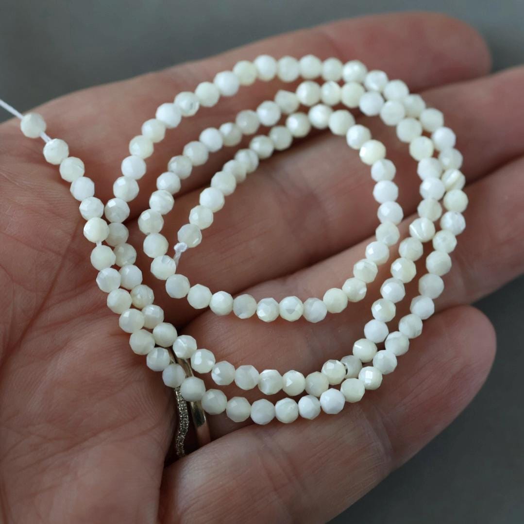 3.5mm Natural Mother of Pearl Beads - Faceted Round Natural Gemstone 15" Strand