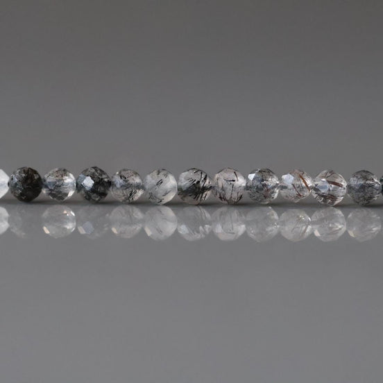3mm Black Rutilated Quartz Beads - Faceted Round Micro Gemstone 15" Strand