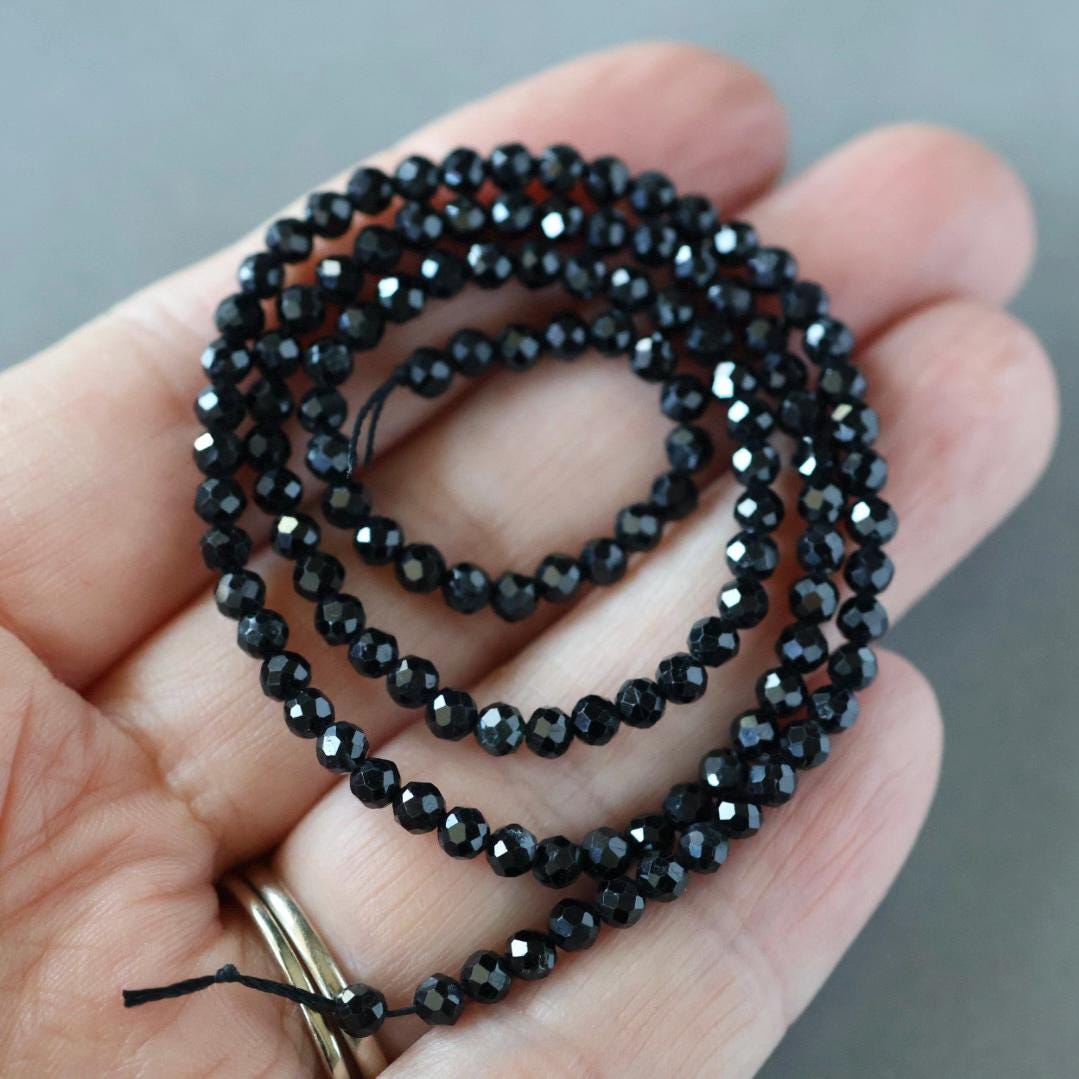 3mm Black Tourmaline Beads - Faceted Round Micro Gemstone 15" Strand