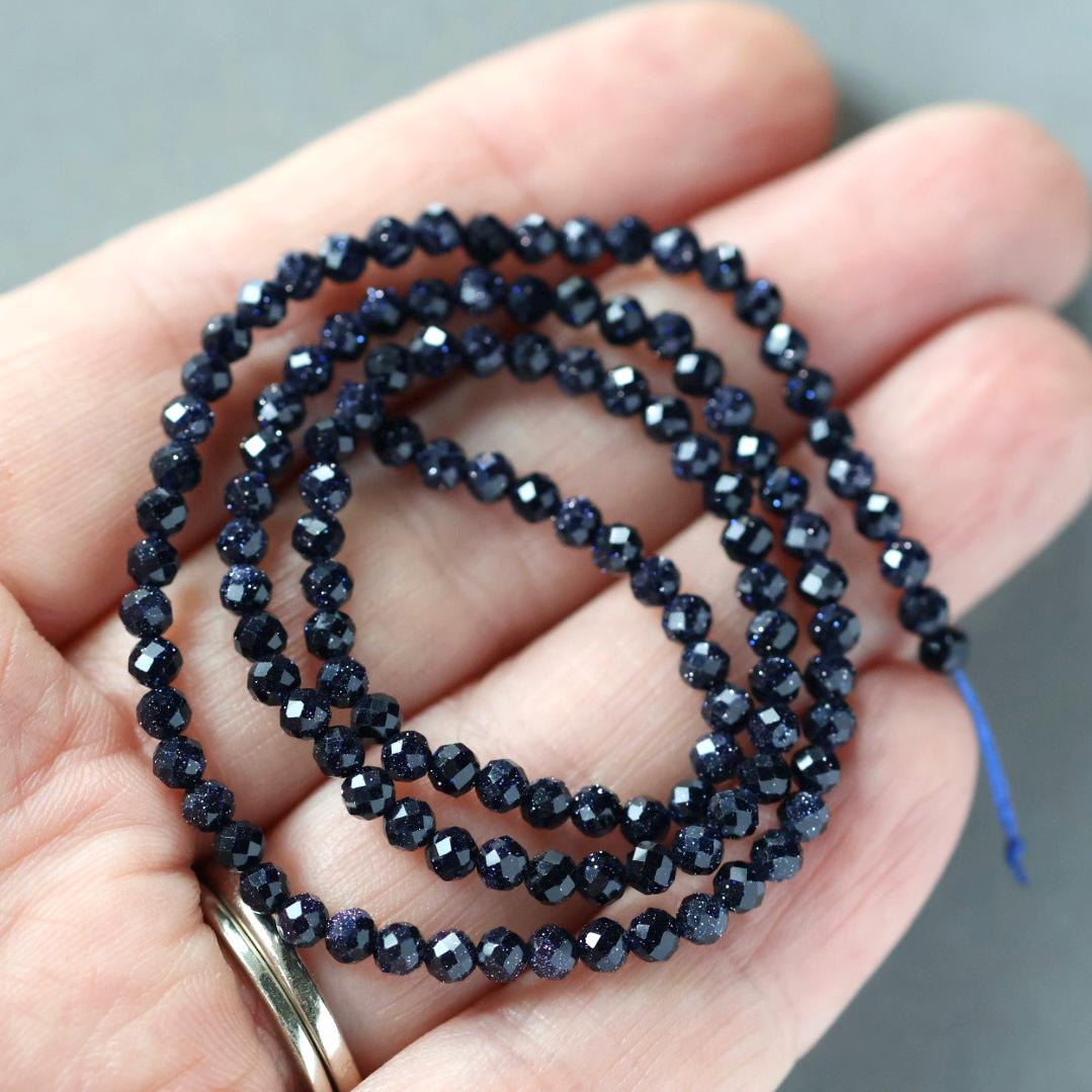 3mm Blue Goldstone Beads – Faceted Round Micro Gemstone 15" Strand