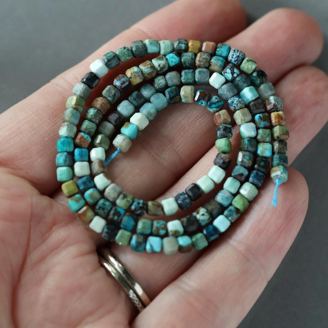 3mm Chrysocolla Cube Beads- Faceted Cube Natural Gemstone 15"