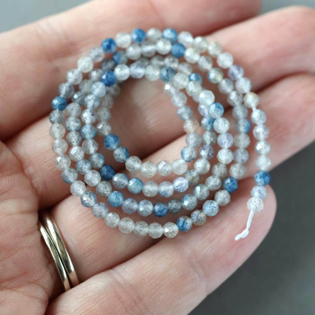 3mm Dumortierite in Quartz Beads – Faceted Round Micro Gemstone 15" Strand