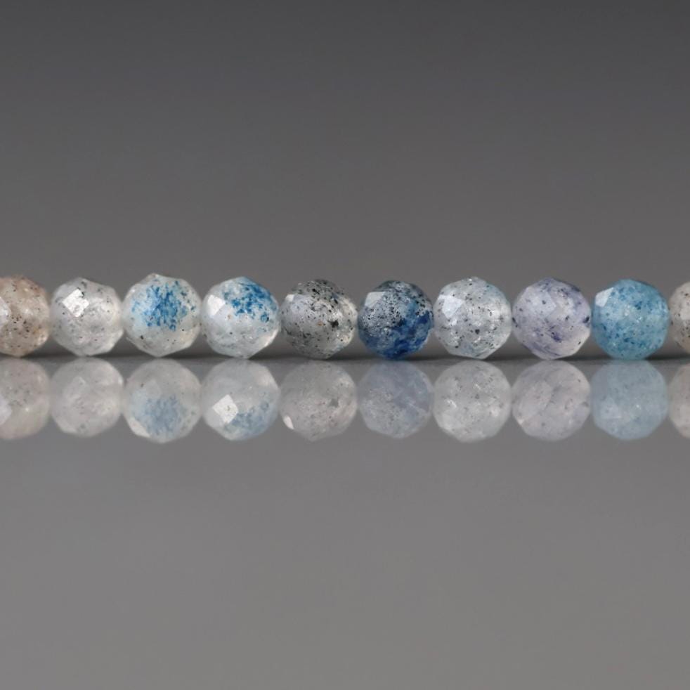 3mm Dumortierite in Quartz Beads – Faceted Round Micro Gemstone 15" Strand