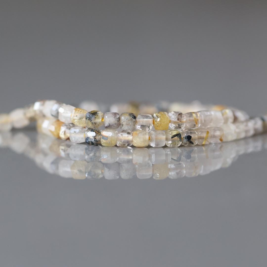 3mm Golden Rutilated Quartz Faceted Cube Beads Genuine Yellow Quartz Beads 15" Gemstone Beads for Jewelry Making