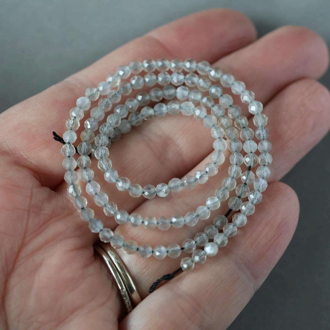3mm Gray Moonstone Beads - Faceted Round Micro Gemstone 15" Strand
