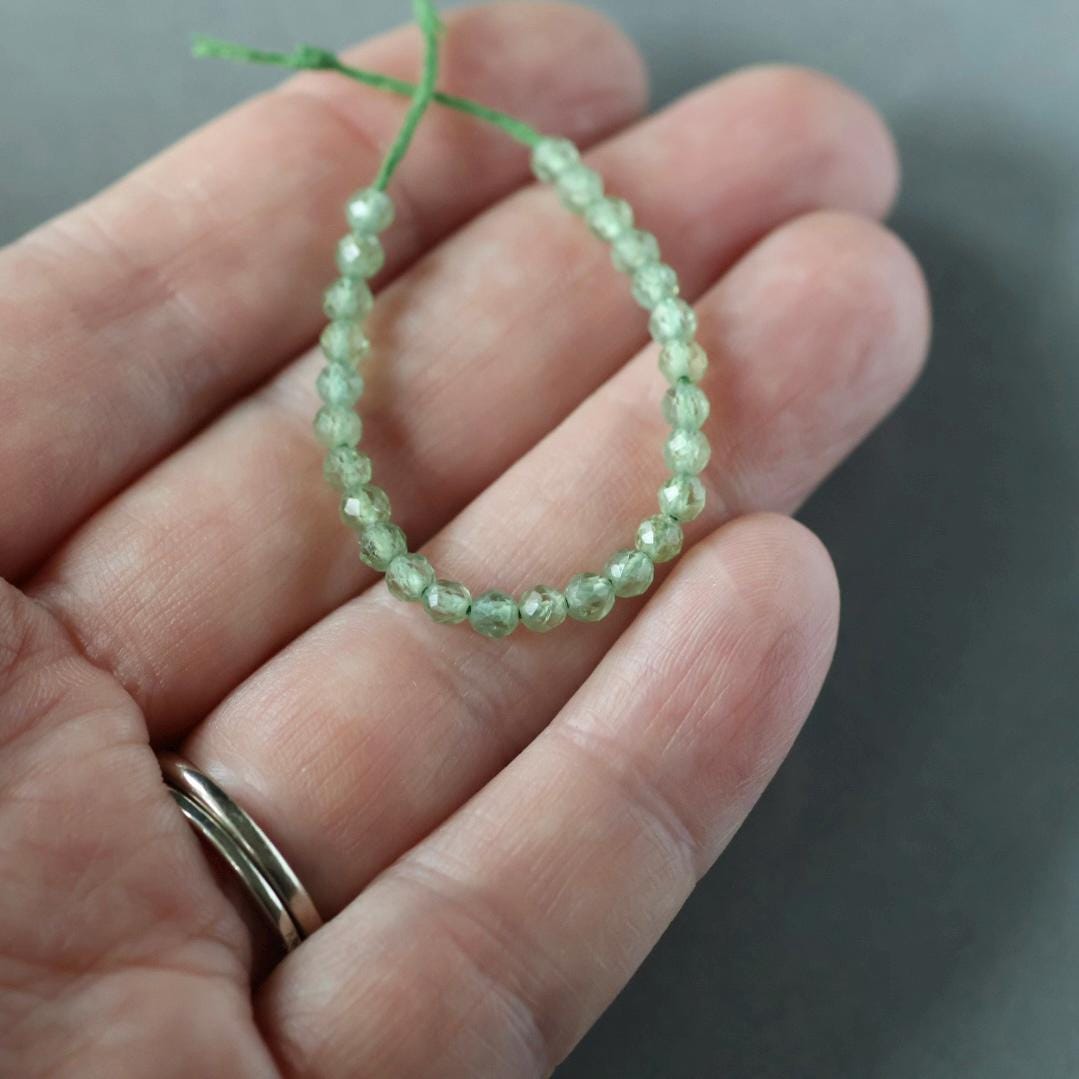 3mm Green Apatite Beads – Faceted Round Micro Gemstone 3" Strand