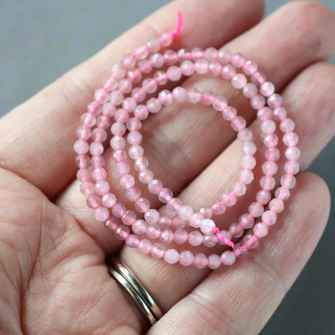 3mm Madagascar Rose Quartz Beads ‚Äì Faceted Round Micro Gemstone 15" Strand