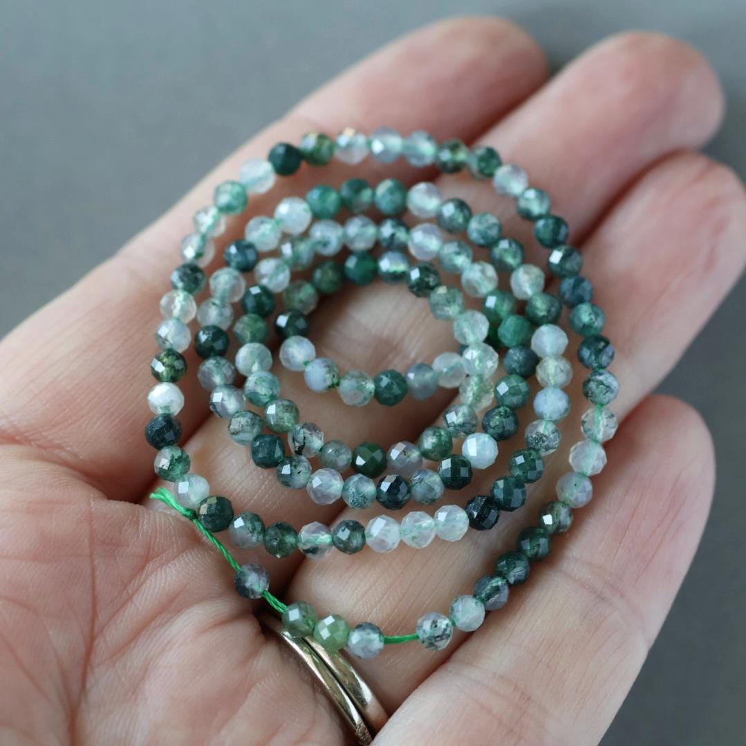 3mm Moss Agate Beads – Faceted Round Micro Gemstone 15" Strand