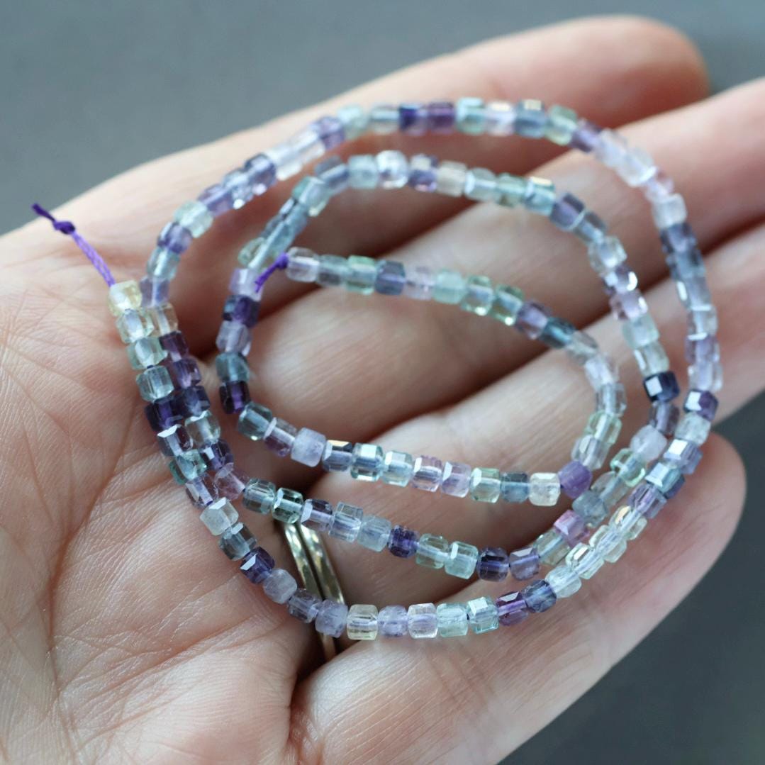 3mm Multi Fluorite Beads – Faceted Cube Micro Gemstone 15" Strand