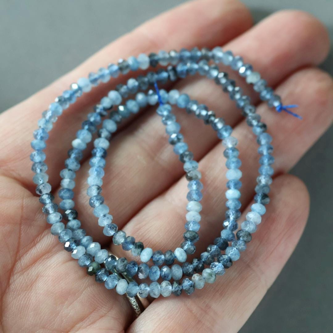 3mm Natural Aquamarine Beads with Black Tourmaline 15" Genuine Gemstone Rondelle Beads for DIY Jewelry Making Gift Beads March Birthstone