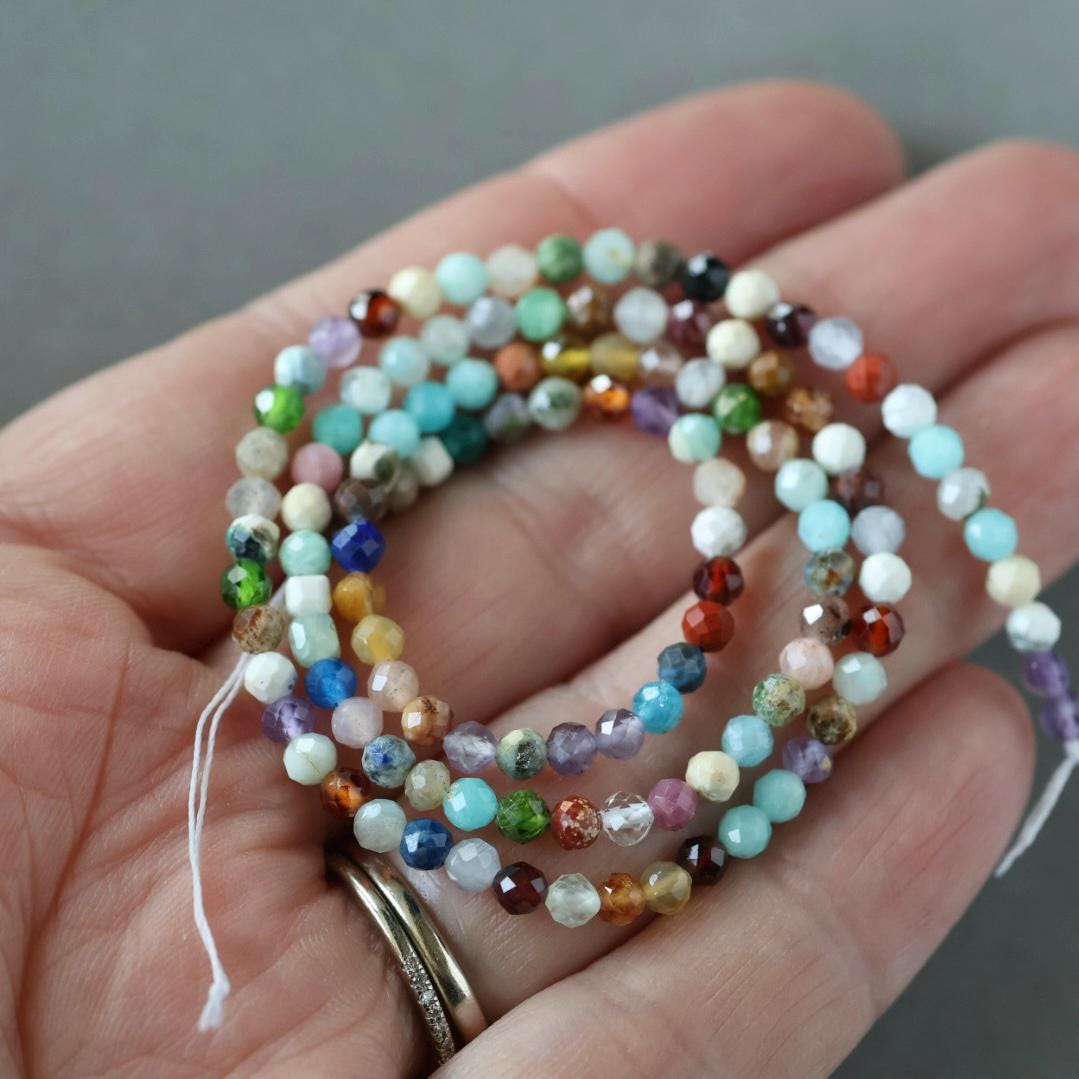 3mm Natural Multi Gemstone Beads - Faceted Round Micro Gemstone 15" Strand