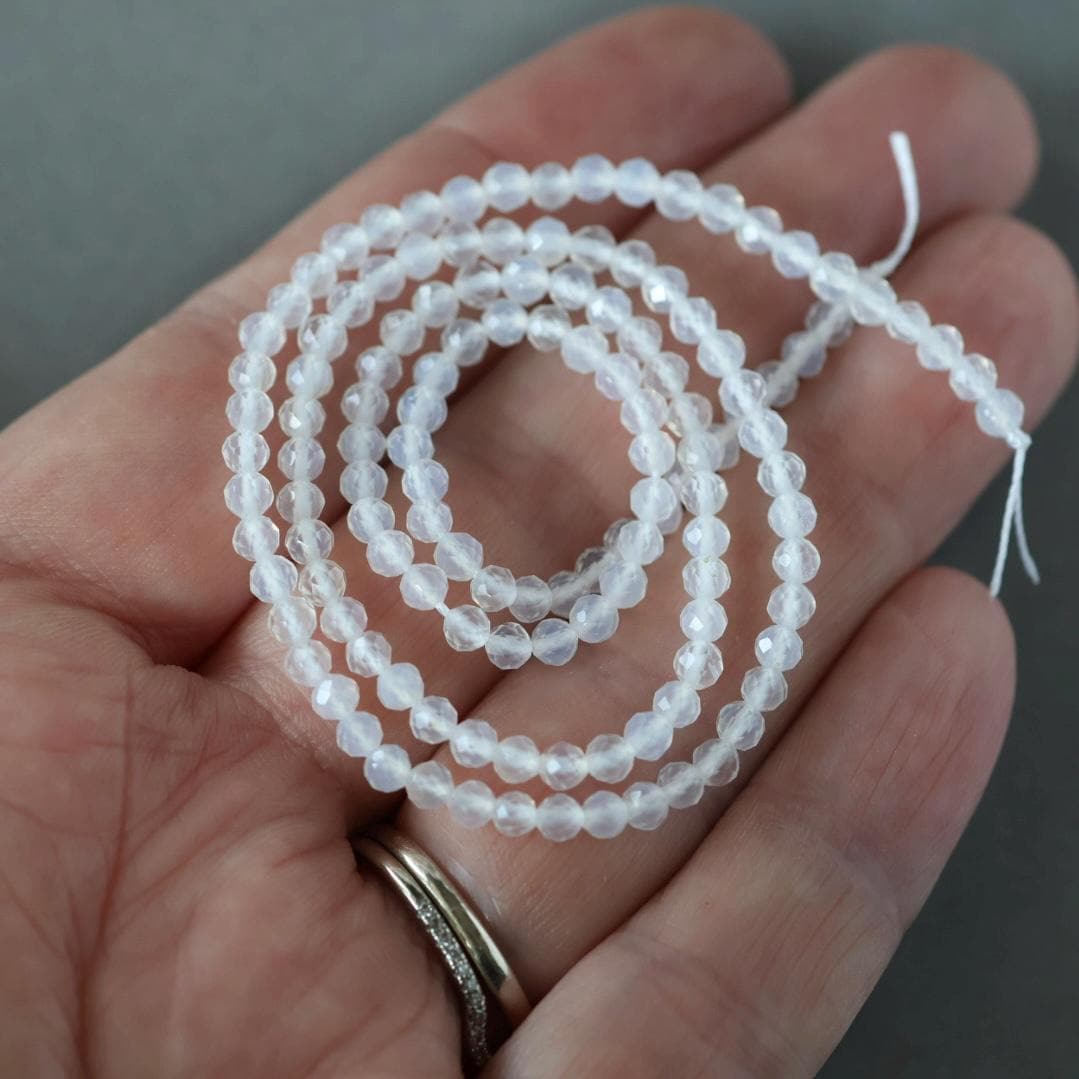 3mm Natural White Agate Beads - Faceted Round Micro Gemstone 15" Strand