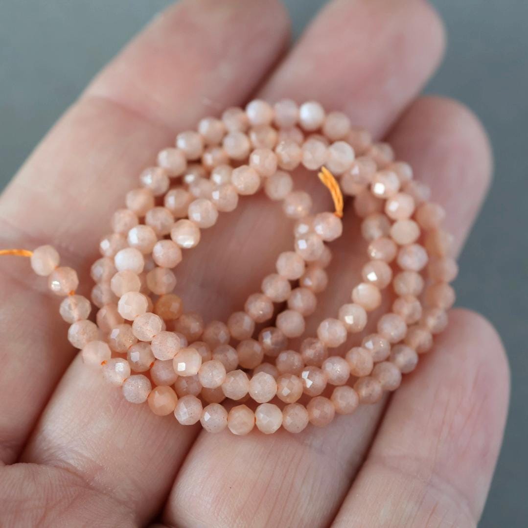 3mm Peach Moonstone Beads – Faceted Round Micro Gemstone 15" Strand