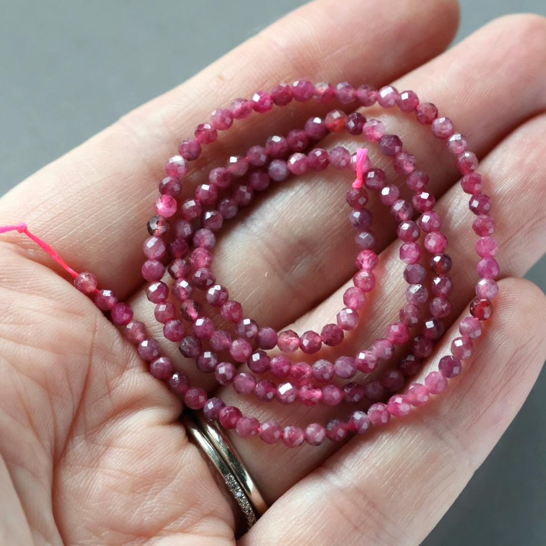 3mm Pink Rubellite Tourmaline Beads – Faceted Round Micro Gemstone 15" Strand